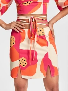 VALERIA GALIPOLI Graphic Print Tie Front Zip Side Skirt - Multicolor - View 5