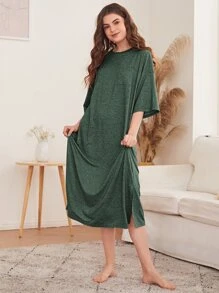 SHEIN Unity 落肩開衩下擺貼布口袋睡衣 - 墨綠色 - 查看 1