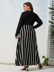 SHEIN Clasi Plus Striped Print A-line Dress - Black and White - View 2