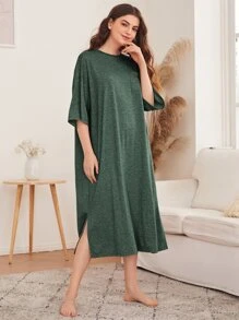 SHEIN Unity 落肩開衩下擺貼布口袋睡衣 - 墨綠色 - 查看 3