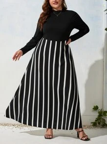 SHEIN Clasi Plus Striped Print A-line Dress - Black and White - View 3
