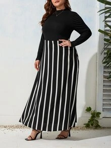 SHEIN Clasi Plus Striped Print A-line Dress - Black and White - View 4