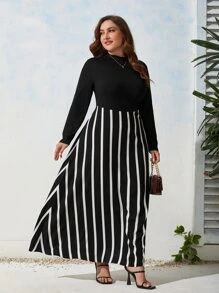SHEIN Clasi Plus Striped Print A-line Dress - Black and White - View 5