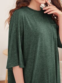 SHEIN Unity 落肩開衩下擺貼布口袋睡衣 - 墨綠色 - 查看 5