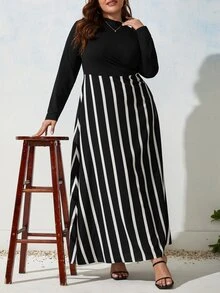 SHEIN Clasi Plus Striped Print A-line Dress - Black and White - View 6