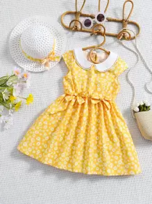 小女童碎花前蝴蝶結連衣裙 - 黃色 - 查看 1