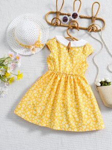 小女童碎花前蝴蝶結連衣裙 - 黃色 - 查看 2
