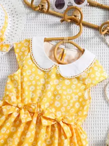 小女童碎花前蝴蝶結連衣裙 - 黃色 - 查看 4