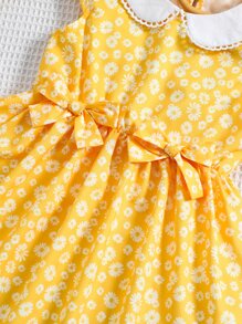 小女童碎花前蝴蝶結連衣裙 - 黃色 - 查看 6