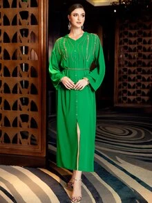 Al Najma 水鑽細節落肩袖連帽連衣裙 - 綠色 - 查看 6