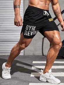 Fitness Men Letter Graphic Drawstring Waist Sports Shorts Sweat Pants Black Shorts - Black - View 5