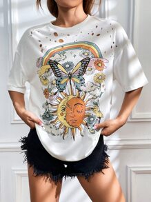 SHEIN EZwear 西部風格牛仔女孩太陽和蝴蝶圖案落肩T恤