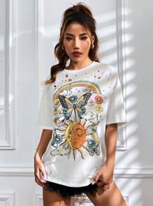 SHEIN EZwear 西部風格牛仔女孩太陽和蝴蝶圖案落肩T恤