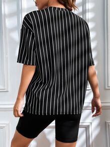 SHEIN EZwear Bộ đồ hai mảnh nữ Lá thư Sọc Giải trí - màu đen - Xem 2
