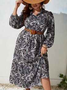 SHEIN Clasi 大碼佩斯利印花燈籠袖連衣裙不附腰帶 - 彩色 - 查看 1