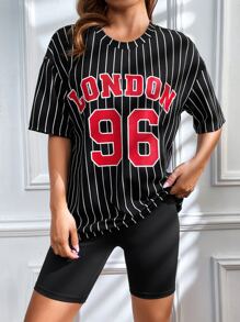 SHEIN EZwear Bộ đồ hai mảnh nữ Lá thư Sọc Giải trí - màu đen - Xem 5