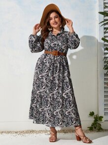 SHEIN Clasi 大碼佩斯利印花燈籠袖連衣裙不附腰帶 - 彩色 - 查看 3