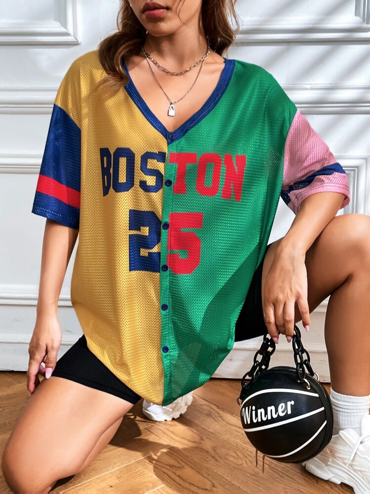 SHEIN EZwear Letter Graphic Colorblock Drop Shoulder Baseball Shirt - Multicolor - View 1