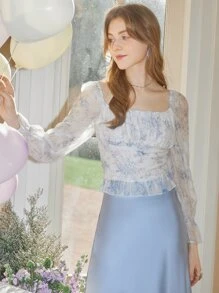 Plants Print Square Neck Blouse - Blue and White - View 1