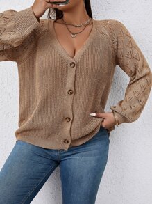 SHEIN Franclia Plus Pointelle Knit Raglan Sleeve Cardigan - Mocha Brown - View 1