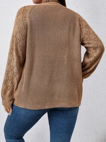 SHEIN Franclia Plus Pointelle Knit Raglan Sleeve Cardigan - Mocha Brown - View 2