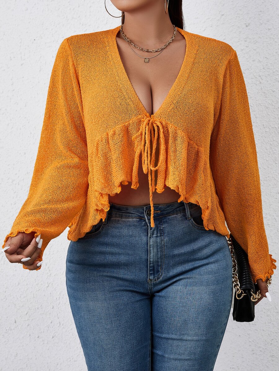 Calvaya Plus Knot Front High Low Hem Cardigan - Orange - View 1