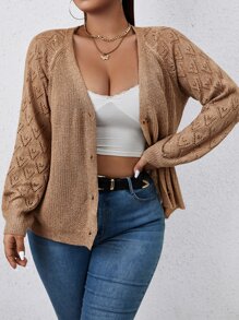 SHEIN Franclia Plus Pointelle Knit Raglan Sleeve Cardigan - Mocha Brown - View 3