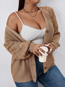SHEIN Franclia Plus Pointelle Knit Raglan Sleeve Cardigan - Mocha Brown - View 4