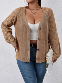 SHEIN Franclia Plus Pointelle Knit Raglan Sleeve Cardigan - Mocha Brown - View 5