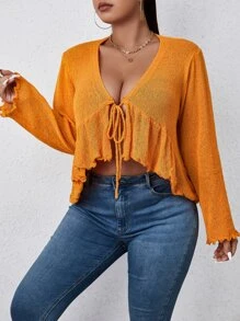 Calvaya Plus Knot Front High Low Hem Cardigan - Orange - View 3