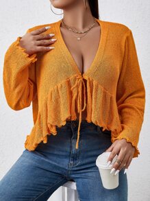 Calvaya Plus Knot Front High Low Hem Cardigan - Orange - View 4