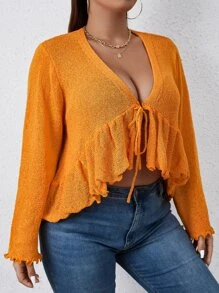 Calvaya Plus Knot Front High Low Hem Cardigan - Orange - View 6