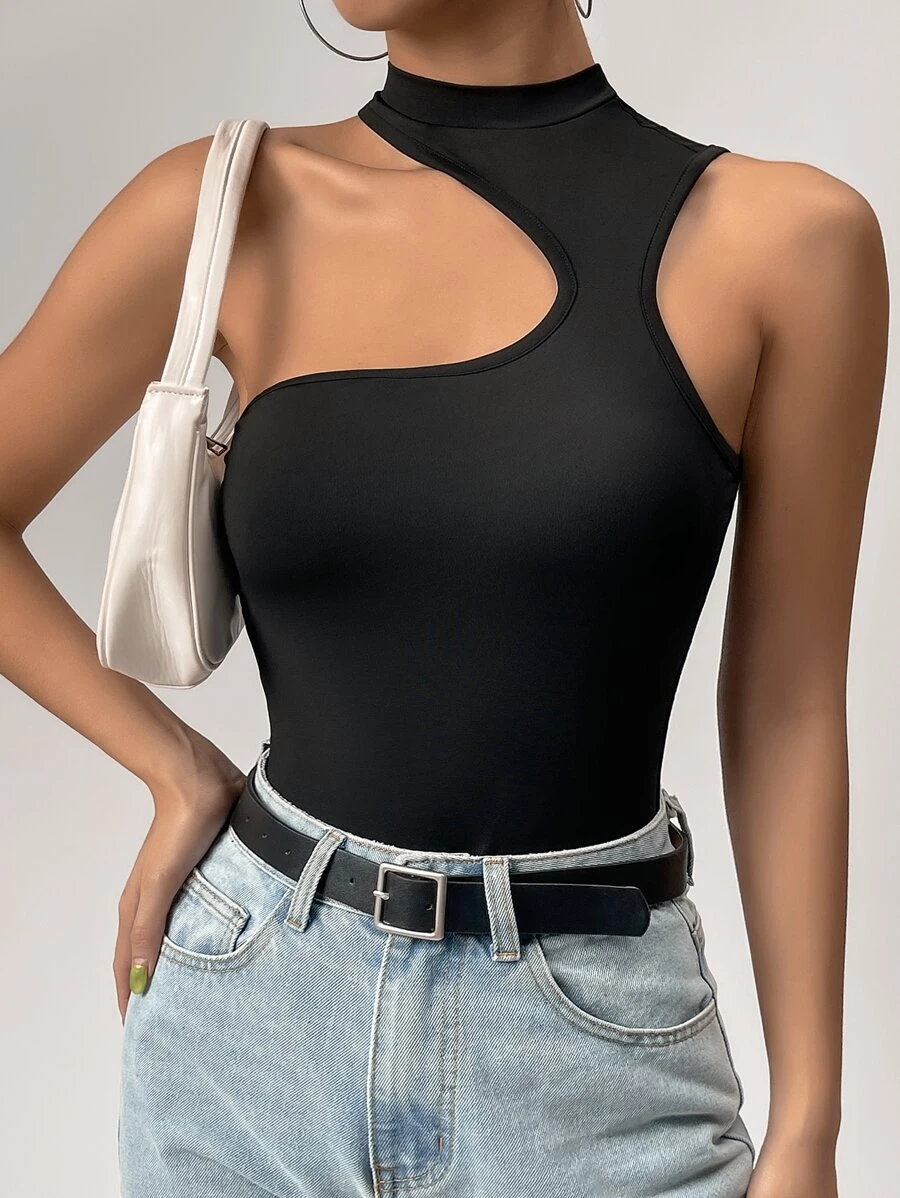 SHEIN Privé Mock Neck Cut Out Tank Bodysuit - Black - View 1