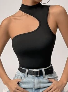 SHEIN Privé Mock Neck Cut Out Tank Bodysuit - Black - View 5