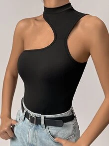 SHEIN Privé Mock Neck Cut Out Tank Bodysuit - Black - View 6