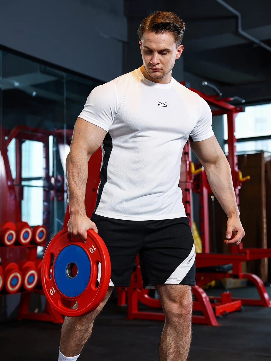 Fitness Men Letter Graphic Contrast Side Seam Sports Set, Athletic Suit, Tracksuit Workout Set - Black and White - View 1