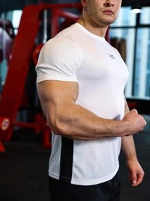 Fitness Men Letter Graphic Contrast Side Seam Sports Set, Athletic Suit, Tracksuit Workout Set - Black and White - View 4