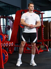 Fitness Men Letter Graphic Contrast Side Seam Sports Set, Athletic Suit, Tracksuit Workout Set - Black and White - View 5