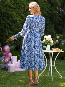 SHEIN 孕婦印花燈籠袖繫腰帶洋裝