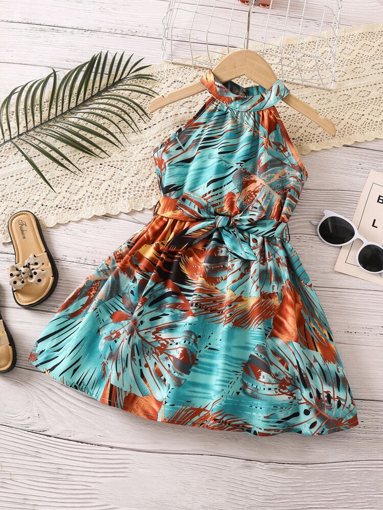 SHEIN Young Girl Tropical Printed Halter Neck Sweet & Fresh Vacation Dress  For Summer | SHEIN USA