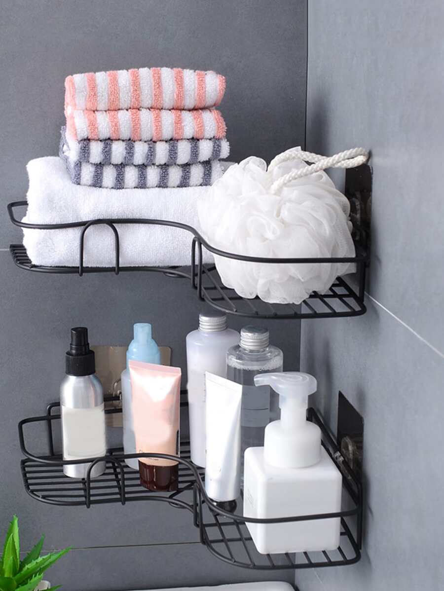 1 pieza Estante de almacenamiento de baño unicolor sin perforación montado en la pared - Negro - Ver 1