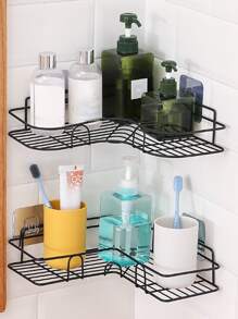 1 pieza Estante de almacenamiento de baño unicolor sin perforación montado en la pared - Negro - Ver 4