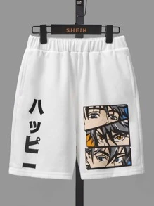 SHEIN 男孩字母任務圖案短褲 - 白色 - 查看 1