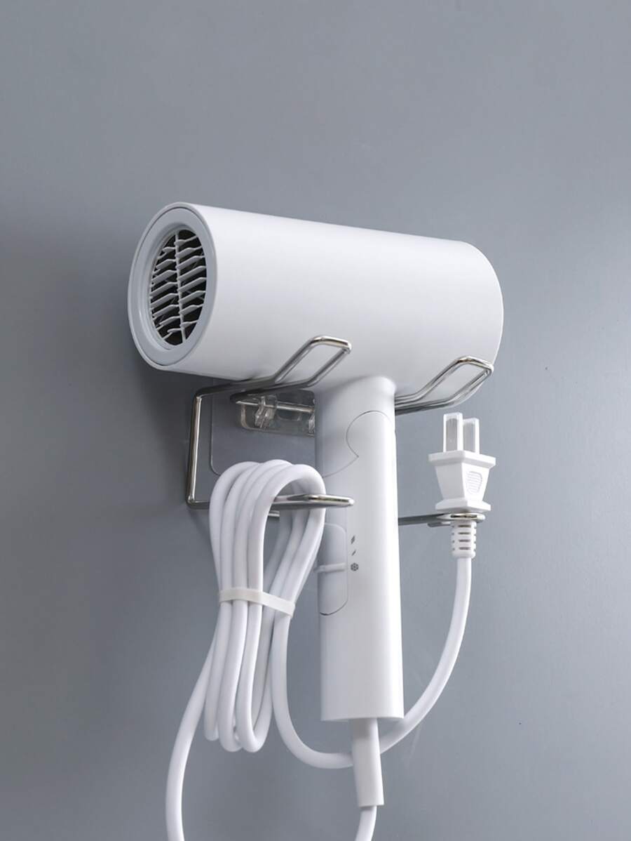 1pc Wall Mounted Hair Dryer Holder - Silver - View 1