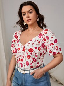 SHEIN VCAY Blusa con estampado de labio - Rojo y blanco - Ver 1