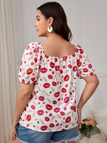 SHEIN VCAY Blusa con estampado de labio - Rojo y blanco - Ver 2