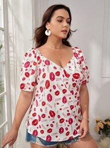 SHEIN VCAY Blusa con estampado de labio - Rojo y blanco - Ver 3
