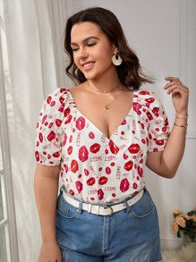 SHEIN VCAY Blusa con estampado de labio - Rojo y blanco - Ver 5