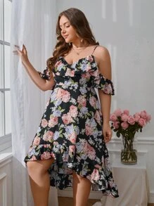 SHEIN VCAY 大碼印花挖肩高低下擺洋裝 - 彩色 - 查看 3