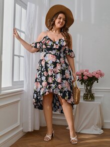 SHEIN VCAY 大碼印花挖肩高低下擺洋裝 - 彩色 - 查看 4